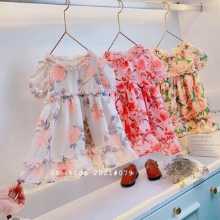 Váy hoa hồng 2 lớp nhún eo bé gái