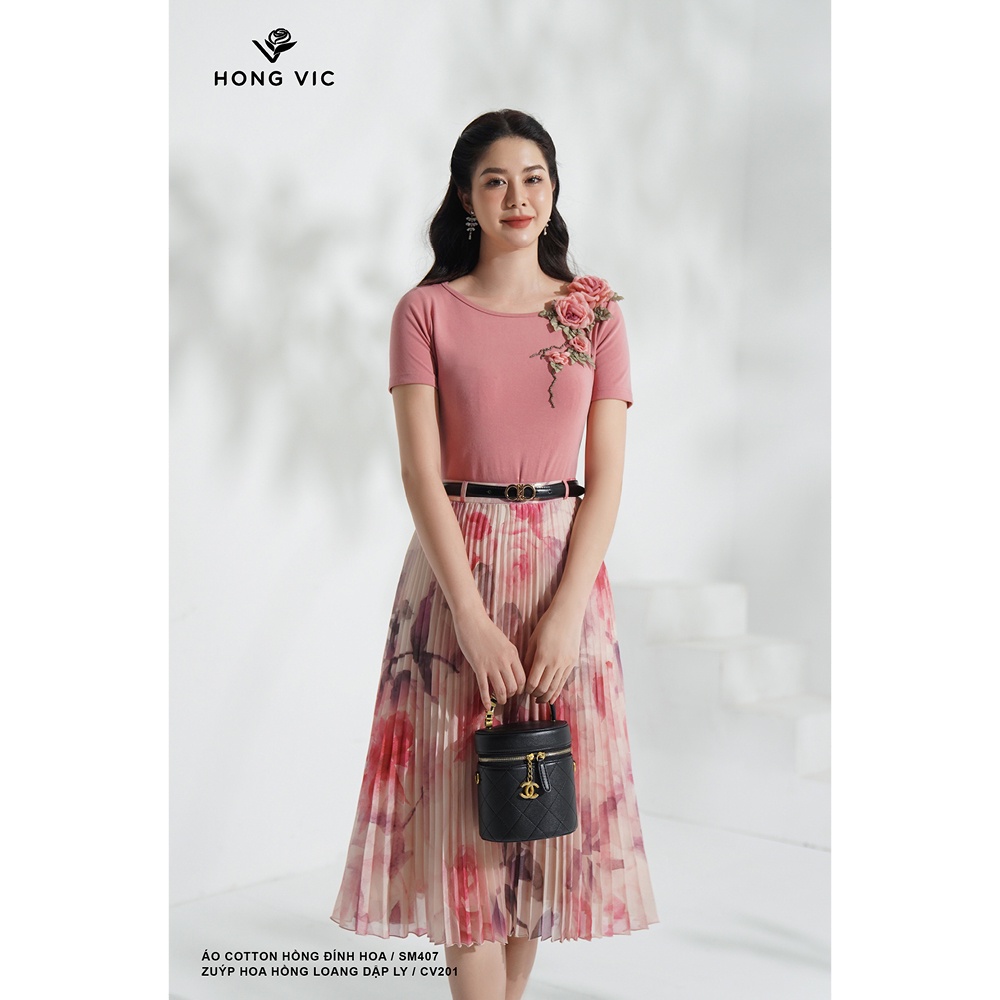 Chân váy nữ thiết kế Hong Vic hoa hồng loang dập ly CV201