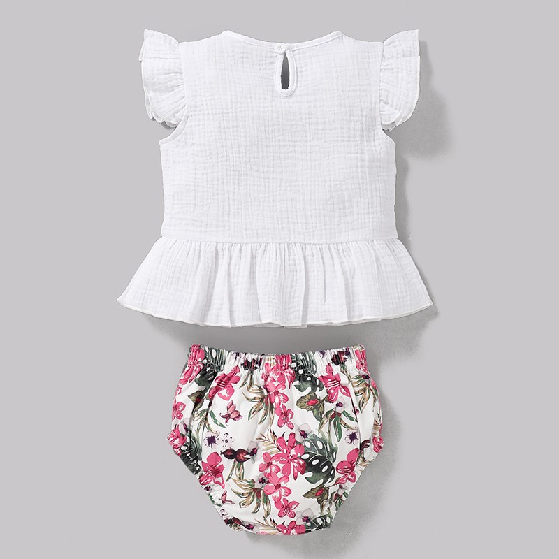 Bộ Áo Kiểu Tay Cánh Tiên Màu Trắng + Quần Đùi Họa Tiết Hoa MIKRDOO Thời Trang Dành Cho Bé Gái Sơ Sinh