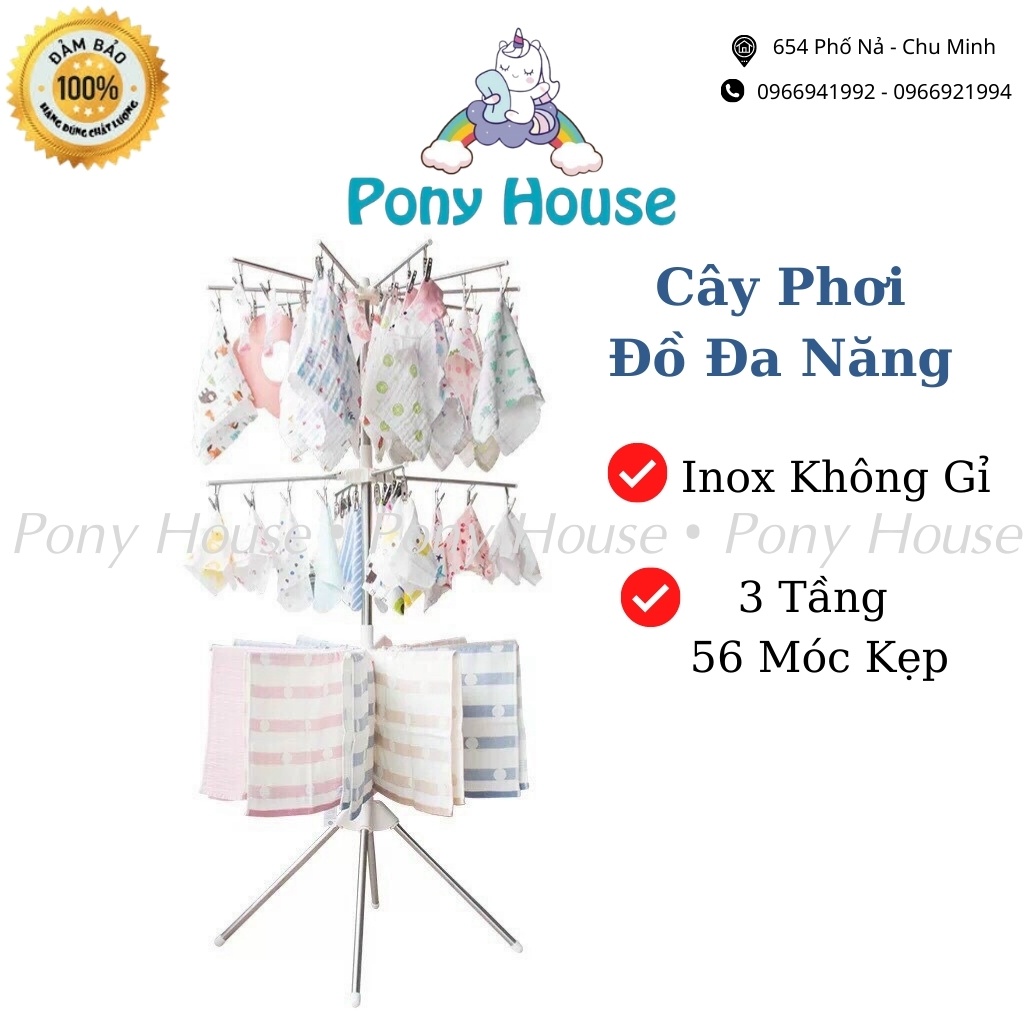 Cây Phơi Đồ Inox Đa Năng 3 Tầng 56 Kẹp  - Móc Phơi Quần Áo, Tất, Khăn, Đồ Em Bé Trẻ Sơ Sinh Tiện Lợi