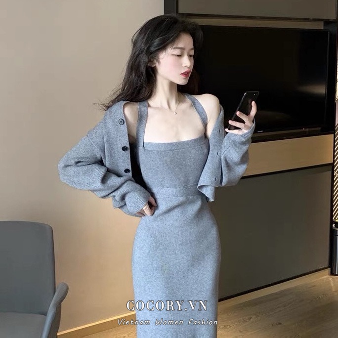Cocory vn Áo Cardigan Dệt Kim Tay Dài / Đầm Maxi Thời Trang Quyến Rũ Cho Nữ