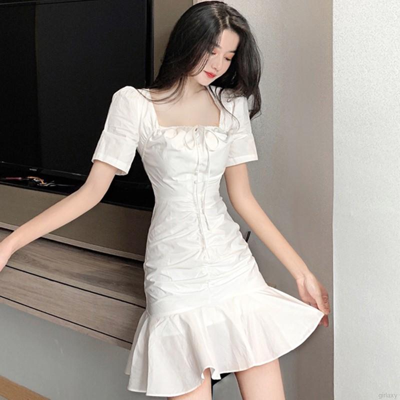 Đầm Tay Phồng Cổ Vuông Màu Trơn Phong Cách Hàn Quốc Dành Cho Nữ