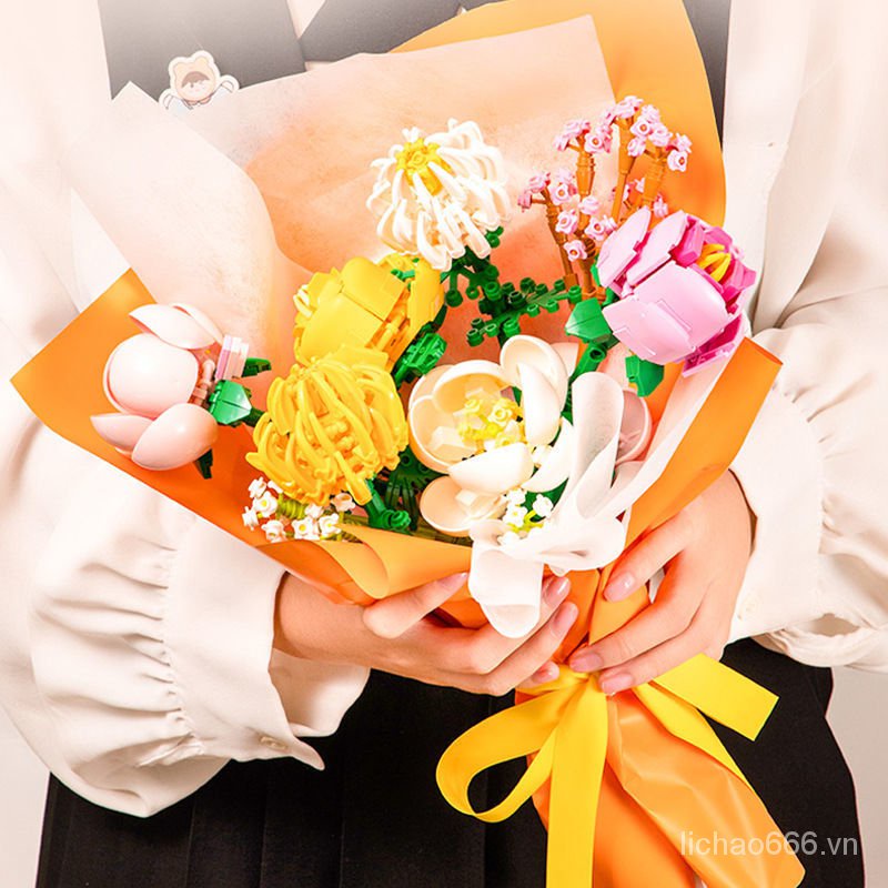 Đồ chơi lắp ráp hình bó hoa hồng đầy sao mảnh ghép nhỏ dùng làm quà tặng trang trí dành cho bé gái