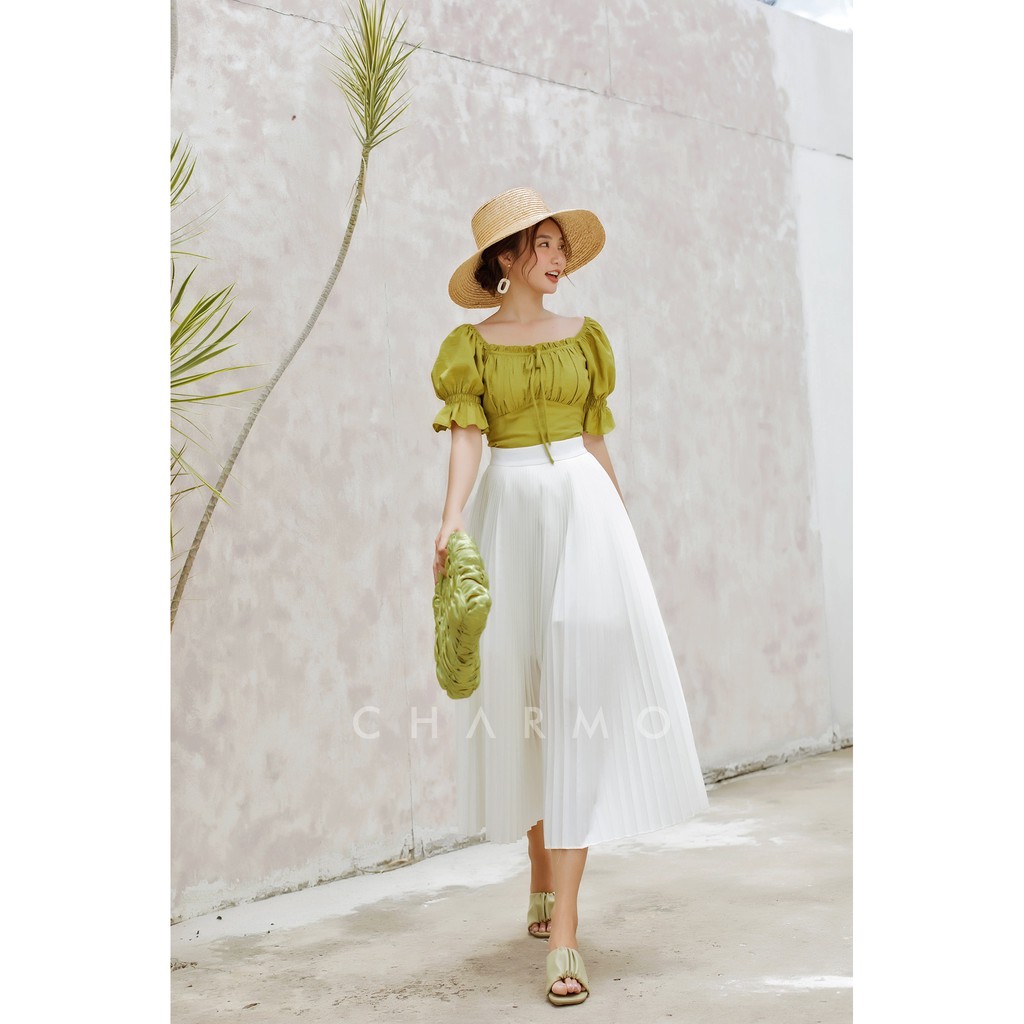 [Mã BMBAU50 giảm 50K đơn 150K] Áo kiểu thiết kế CHARMO vải lụa thêu mềm mại Drawstring Ruffle Top