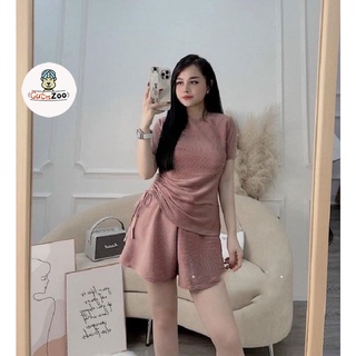 Set bộ quần áo nữ mặc hè CUTEZOO áo thun kiểu rúm eo và quần đùi chất tăm mềm đẹp