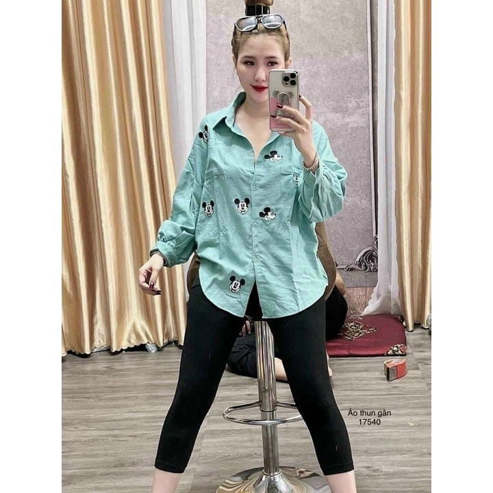 (FreeShip 2022) Đồ bộ nữ,bộ lụa áo sơ mi tay dài phồng in chuột mickey from rộng phối quần legging cao cấp hàng chuẩn
