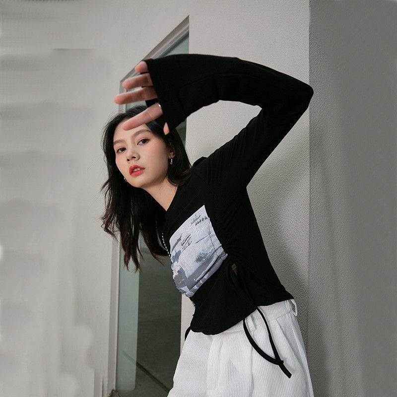 Áo Croptop Tay Dài Thiết Kế Dây Rút Đôi Thời Trang Mới Cho Nữ