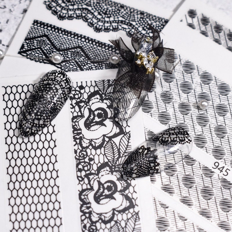 Japanese Sexy Lace Nail Stickers Paper Waterproof Nail Sticker Black and White Lace Polka Dot Adhesive Nail Decal