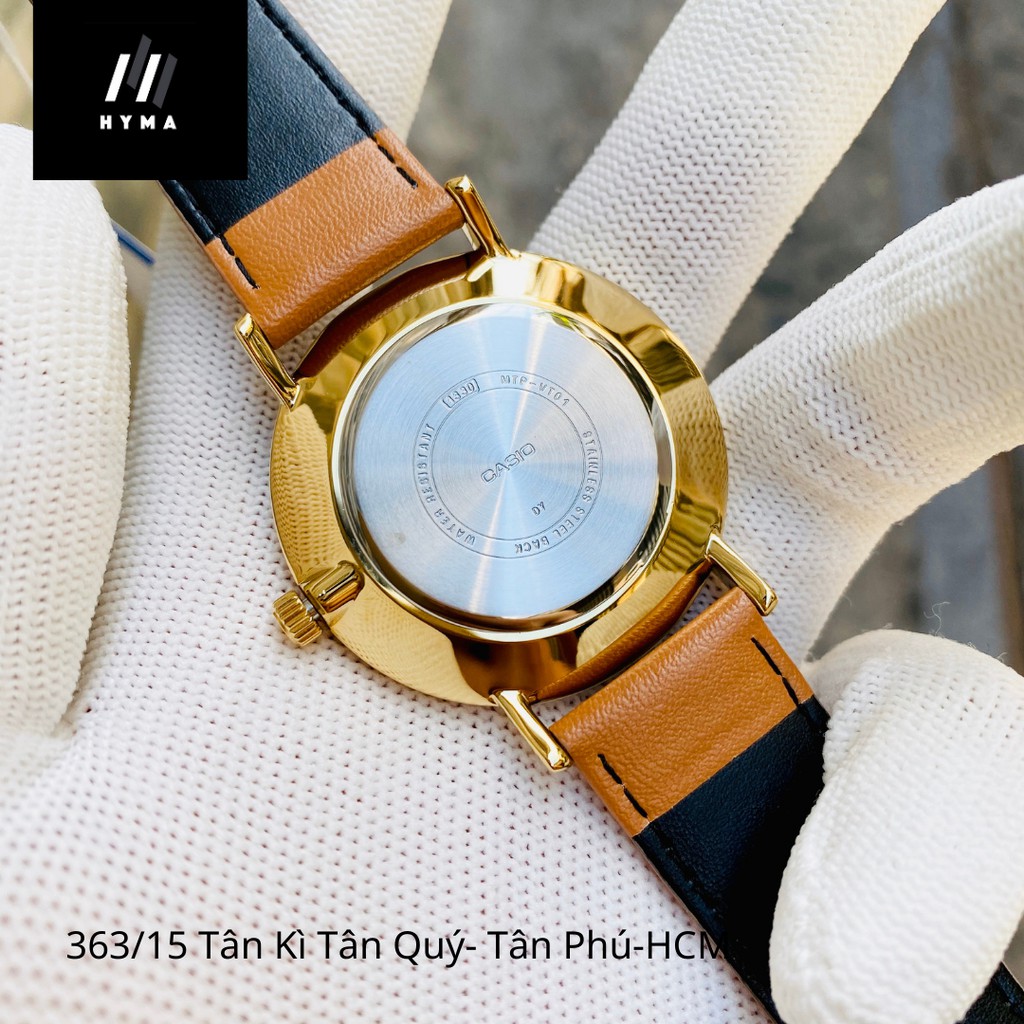 Đồng hồ nữ đẹp dây da viềng vàng Casio LTP VT01GL Mặt đen trắng Size 34mm chống nước 3ATM Bảo hành 1 năm Hyma watch