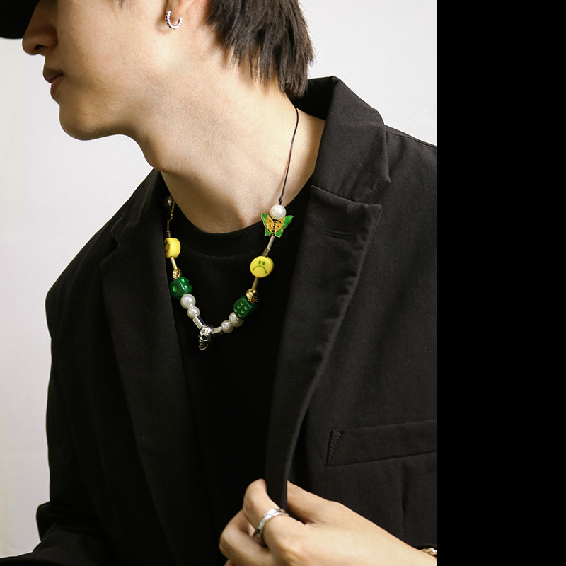 Dây chuyền 22641 mặt xúc xắc xanh lá / mặt cười / ngọc trai / bướm chất liệu gốm thời trang hip hop cho cặp đôi