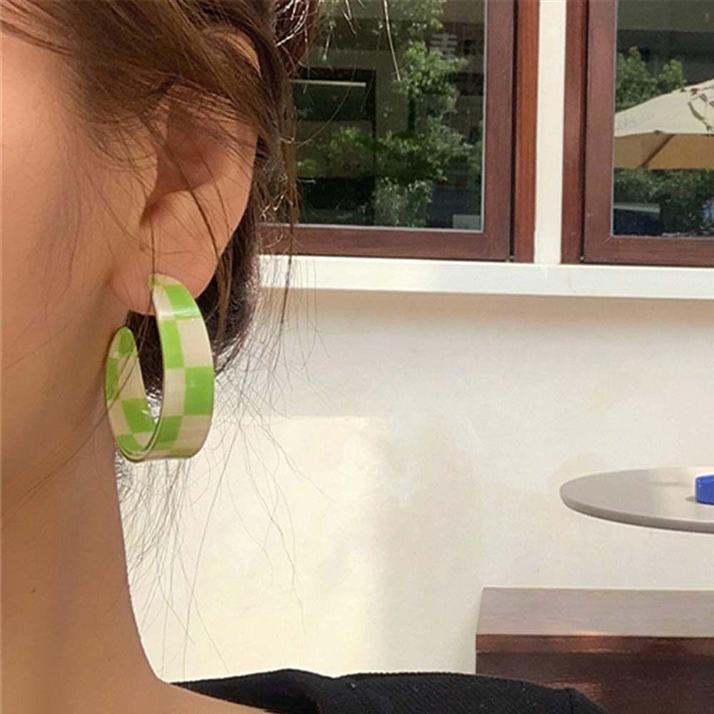 Bông Tai Mạ Bạc 925 Hình Chữ C Họa Tiết Sọc Caro Trắng Đen Phong Cách Retro|Khuyên Tai Họa Tiết Hình Học Độc Đáo