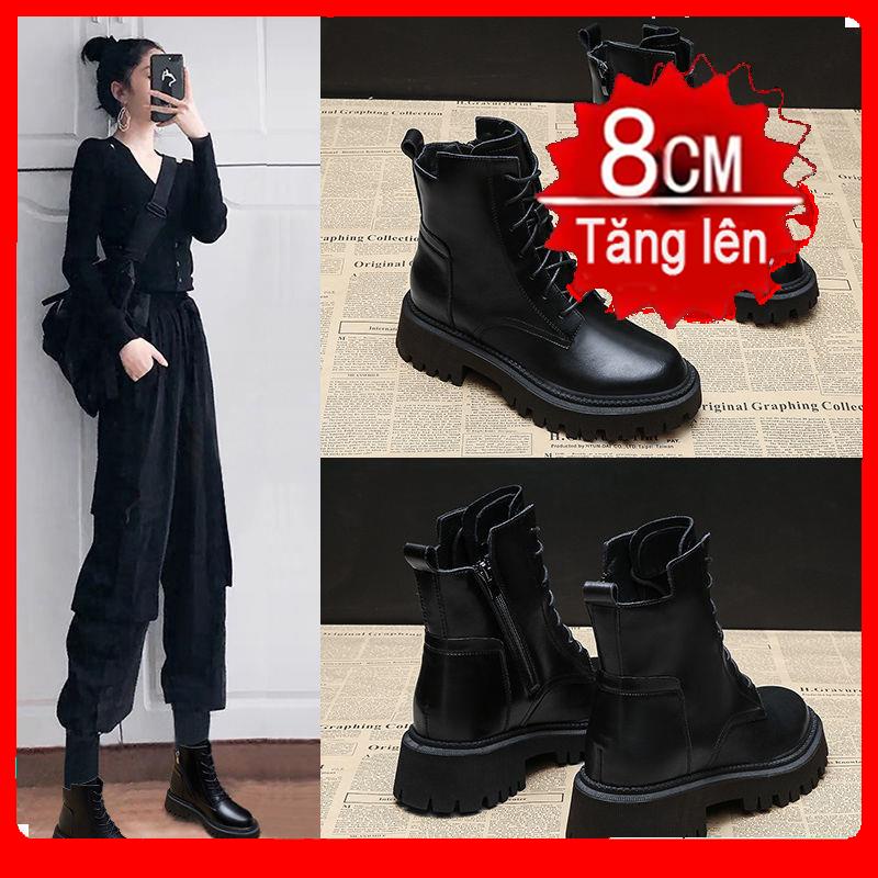 ▨Tăng nội y giày Martin nữ phong cách Anh 2021 mới chiên đường phố đế dày màu đen hoang dã cao cổ mùa xuân và thu đơn