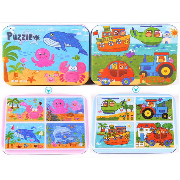 Đồ chơi ghép hình gỗ 4 cấp độ hộp sắt cho bé, gỗ puzzle