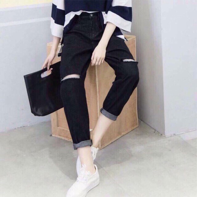 [Size 26-35] Quần Baggy Nữ Đen Rách Gối, Lưng Cao, Đứng Form, Không Co Giãn