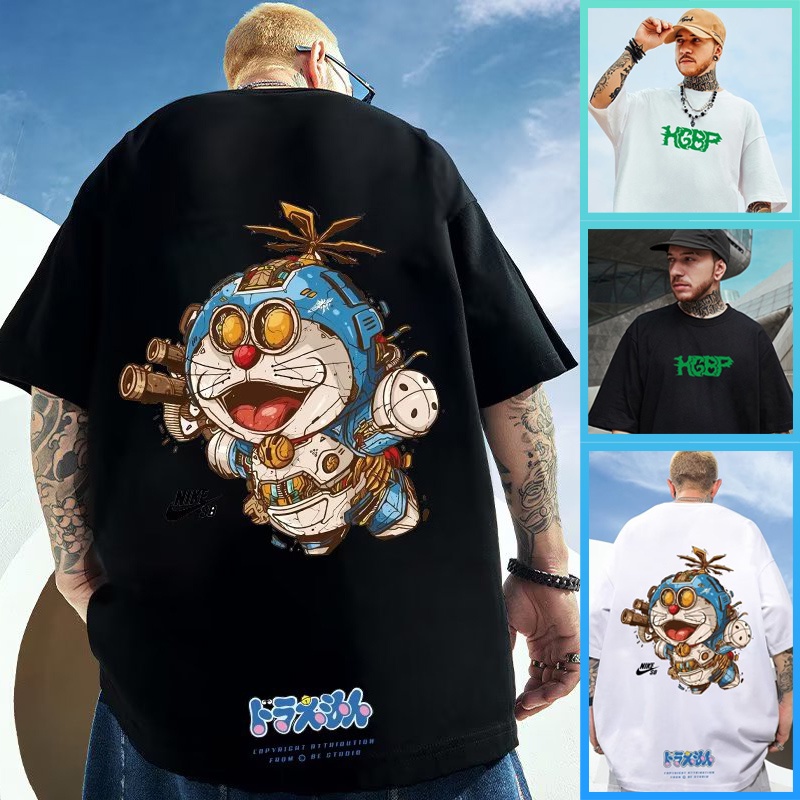 Áo Thun 100% Cotton Tay Ngắn Dáng Rộng In Hình Doraemon Phong Cách Đường Phố Nhật Bản Cho Nam Và Nữ B095
