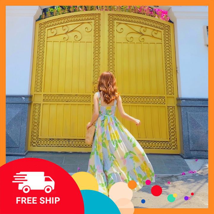 Váy maxi hoa 2 dây hở lưng ⚡𝗙𝗥𝗘𝗘 𝗦𝗛𝗜𝗣⚡ Maxi dáng xoè phối đuôi cá tầng cách điệu, bo chun eo giãn tốt, hàng QC cao cấp | BigBuy360 - bigbuy360.vn