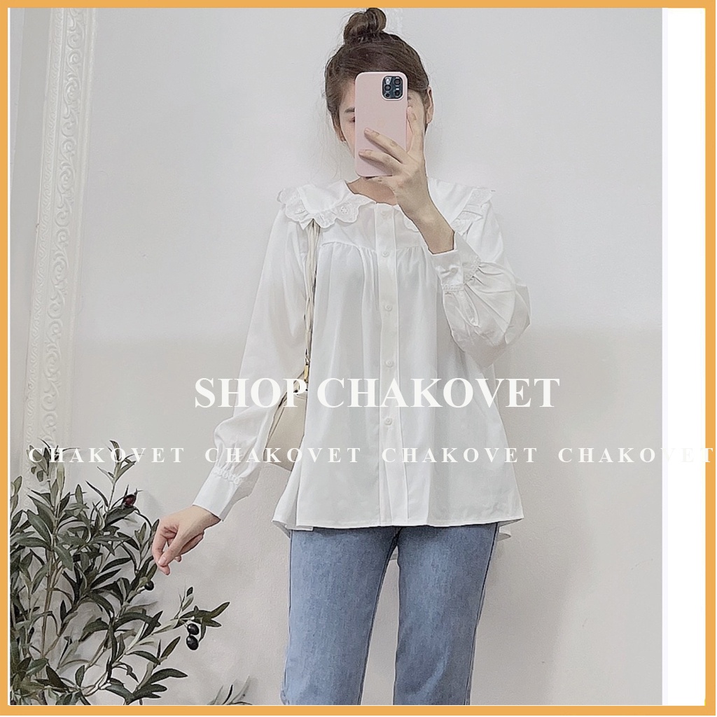Áo sơ mi nữ tay dài form rộng CKA885, kiểu áo babydoll trắng tiểu thư thiết kế cổ bèo viền ren đẹp phong cách hàn quốc | BigBuy360 - bigbuy360.vn