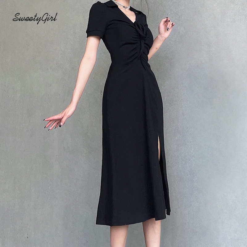 Đầm Midi Tay Ngắn Cổ Chữ V Dáng Ôm Màu Trơn Thời Trang Quyến Rũ Cho Nữ 2022