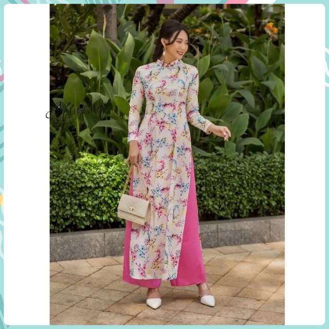 Áo Dài Truyền Thống Nữ Cổ Cao Vải Gấm Màu Trắng In Hoa Mai Đào - Áo Dài Tết Họa Tiết Đẹp, , Đường May Tinh Tế, Giftylady | BigBuy360 - bigbuy360.vn