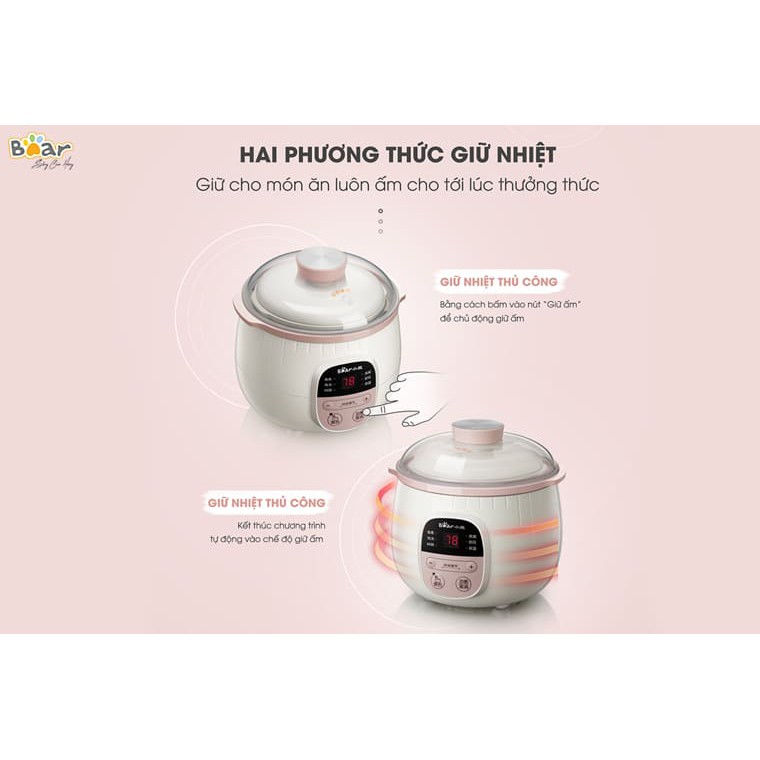 [BẢN QUỐC TẾ+BH 1 NĂM] Nồi nấu cháo chậm/Nồi hầm đa năng Bear 0.8l - Kèm lồng hấp - Lỗi 1 đổi 1