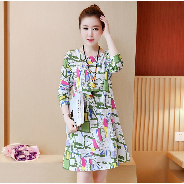 Đầm suông nữ cổ tròn họa tiết trẻ trung chất thun mềm co giãn tốt