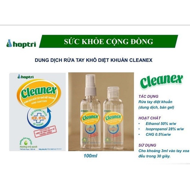 Xịt sát khuẩn rửa tay nhanh và bề mặt vật dụng Cleanex 100ml được bộ y tế cấp phép