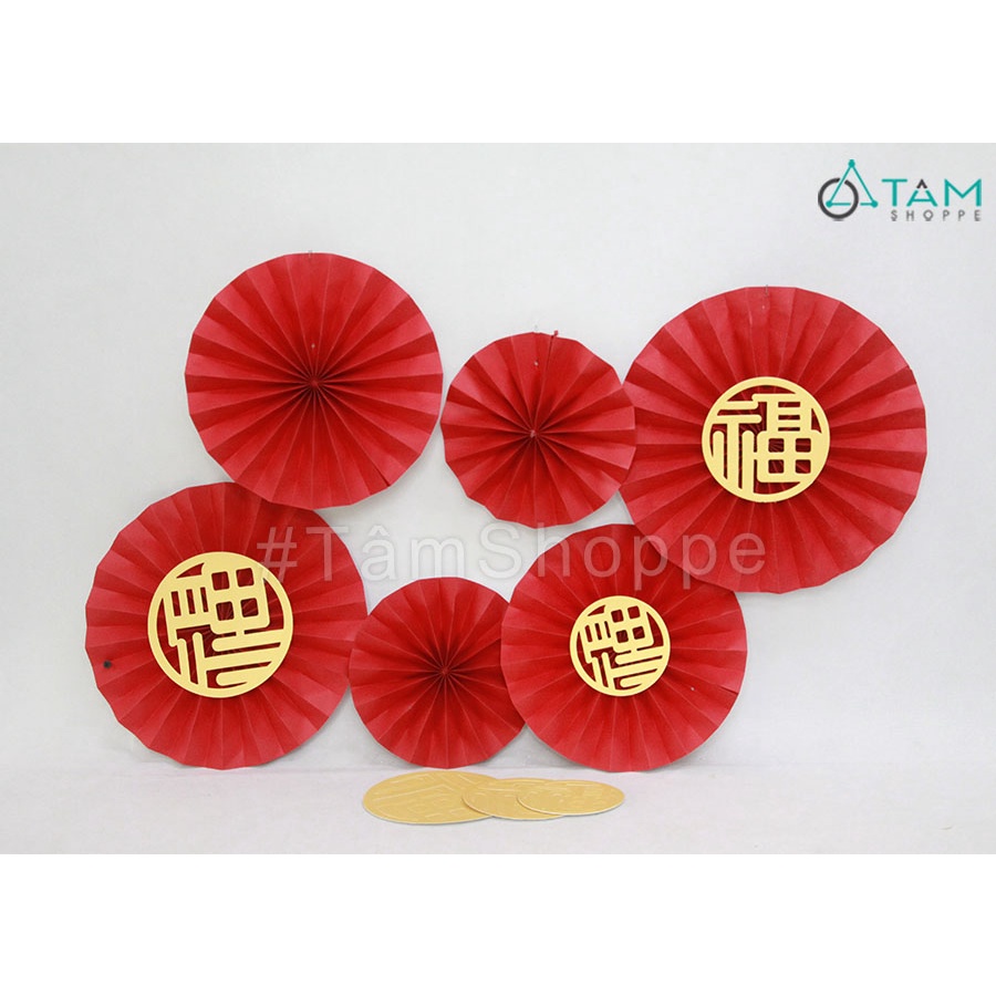Set 06 quạt giấy đỏ trang trí 3 size