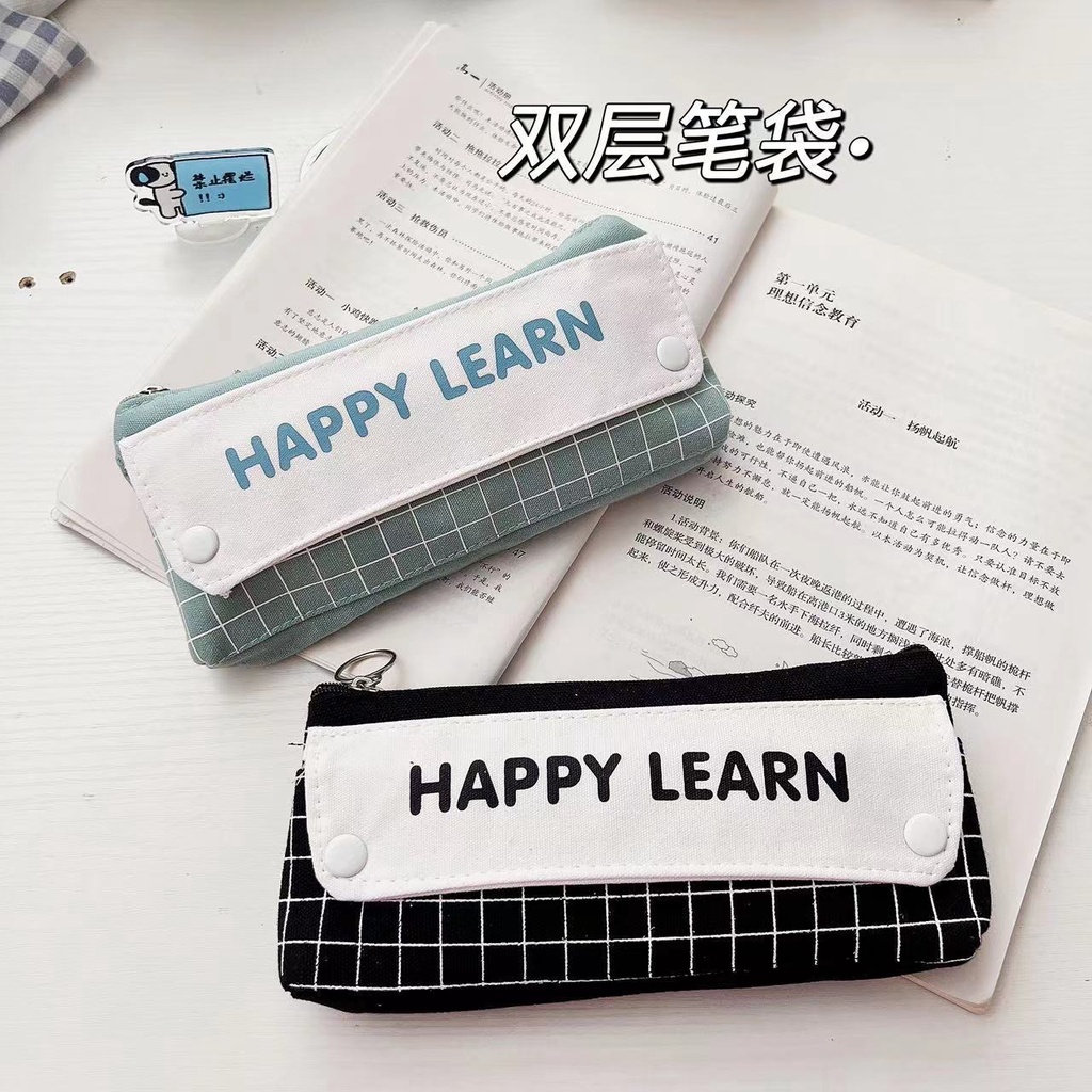 Túi Đựng Bút Bằng Vải Canvas Hai Lớp Họa Tiết Kẻ Ô Đơn Giản Sáng Tạo Ốp