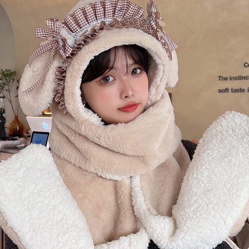Youyo Mũ Lông Kèm Găng Tay Tai Thỏ 3 Trong 1 Dày Dặn Giữ Ấm Mùa Đông