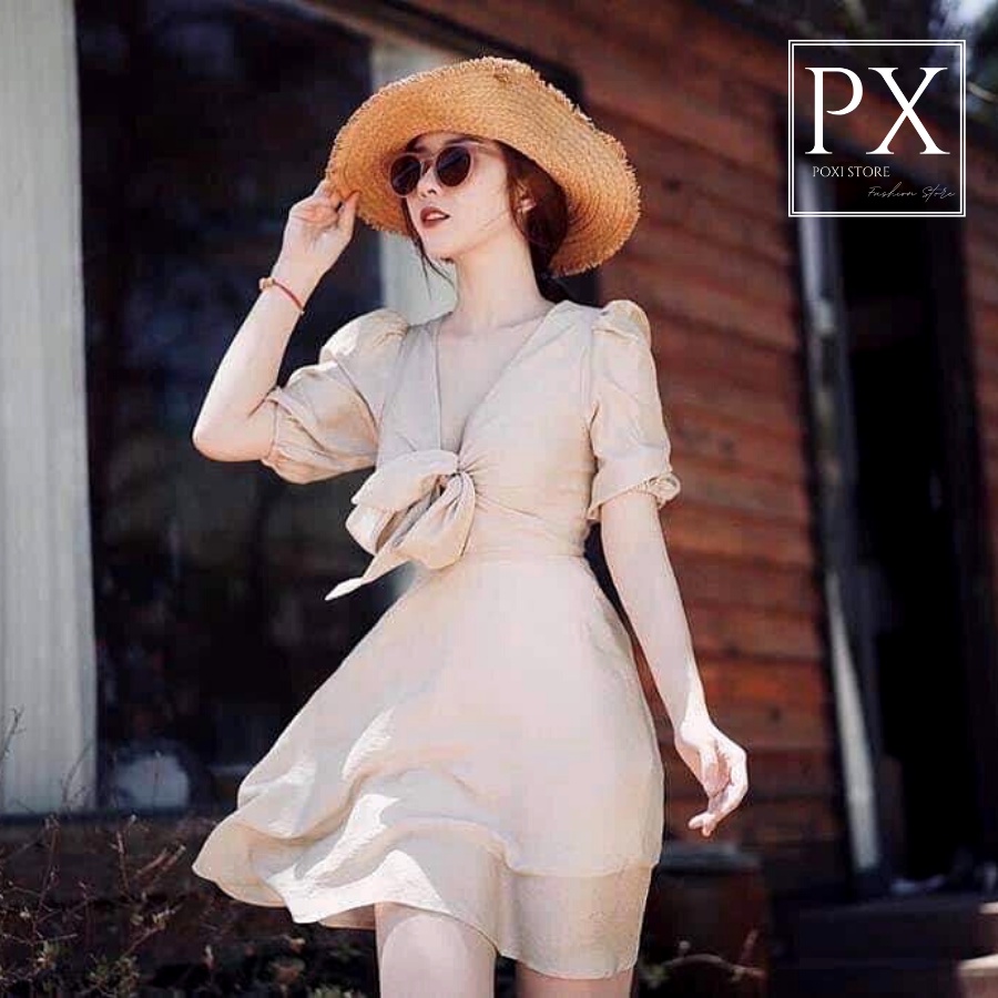Đầm Xoè Tay Con Buộc Dây Nơ Ngực Tông Nude Trầm
