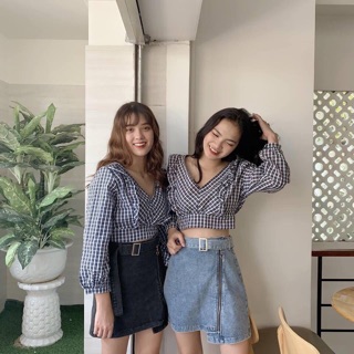Áo caro Croptop cột nơ sau🌸