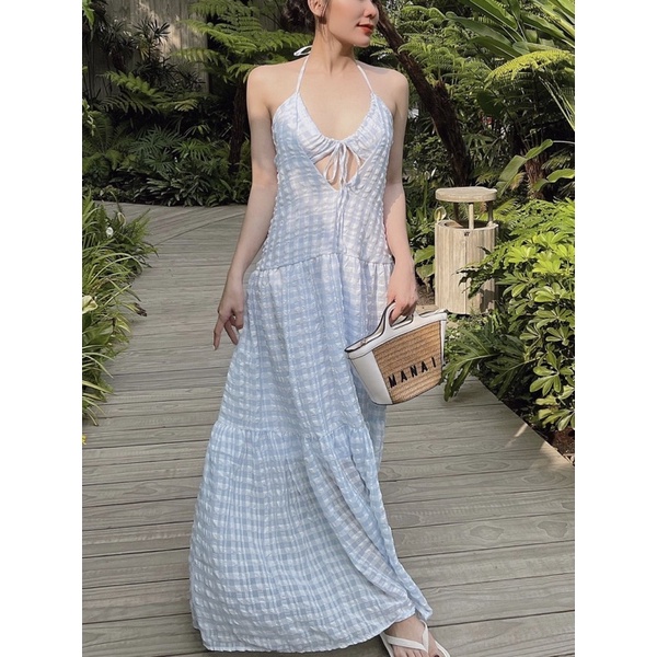 Váy maxi đi biển cột dây cổ yếm (ảnh thật) Đầm chiffon hở lưng phối lưới thời trang đi biển gợi cảm dành cho nữ