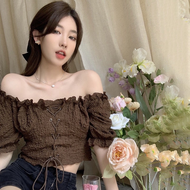 Áo Croptop Áo Kiểu Trễ Vai Màu Sắc Ngọt Ngào Thiết Kế Mỏng Xinh Xắn Thời Trang Dành Cho Nữ