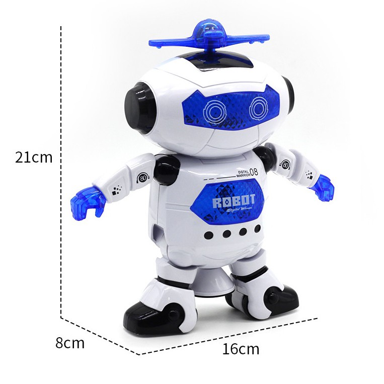 Đồ chơi Robot trắng xanh nhảy múa xoay 360 độ có đèn và nhạc