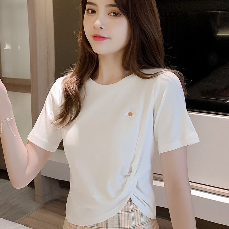 ❀Áo thun ngắn tay crop top Hanfan của phụ nữ Mùa hè 2021 cô gái mới sinh viên lưới màu đỏ hoa cúc nhỏ từ bi