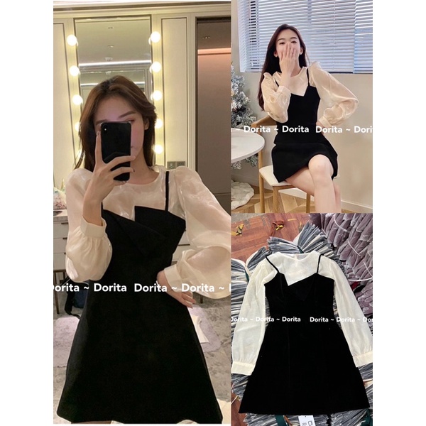 Váy nhung phối voan Hàn Quốc, Đầm nhung phối voan tơ - Dorita Boutiqur