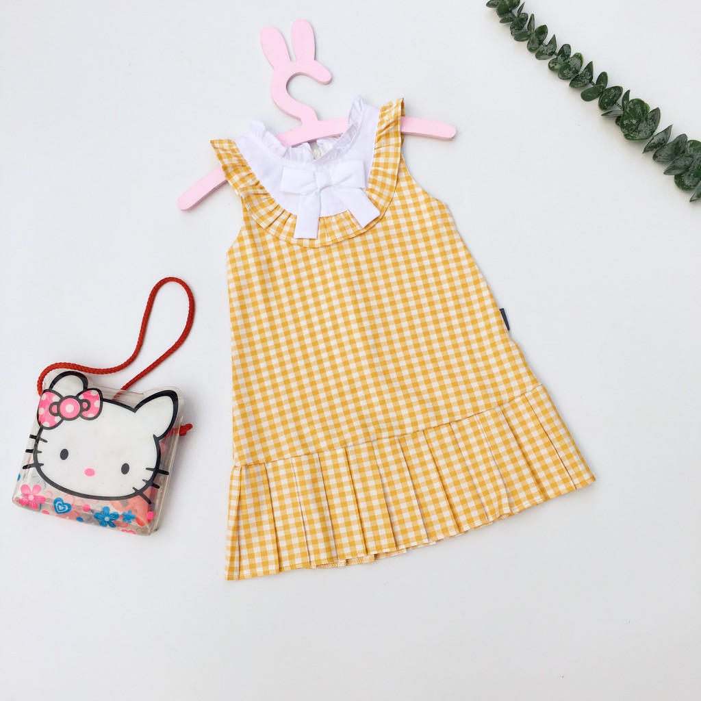 Đầm Cotton Caro Cổ Bèo Đính Nơ kiểu Tiểu Thư Bé Gái BabyBean