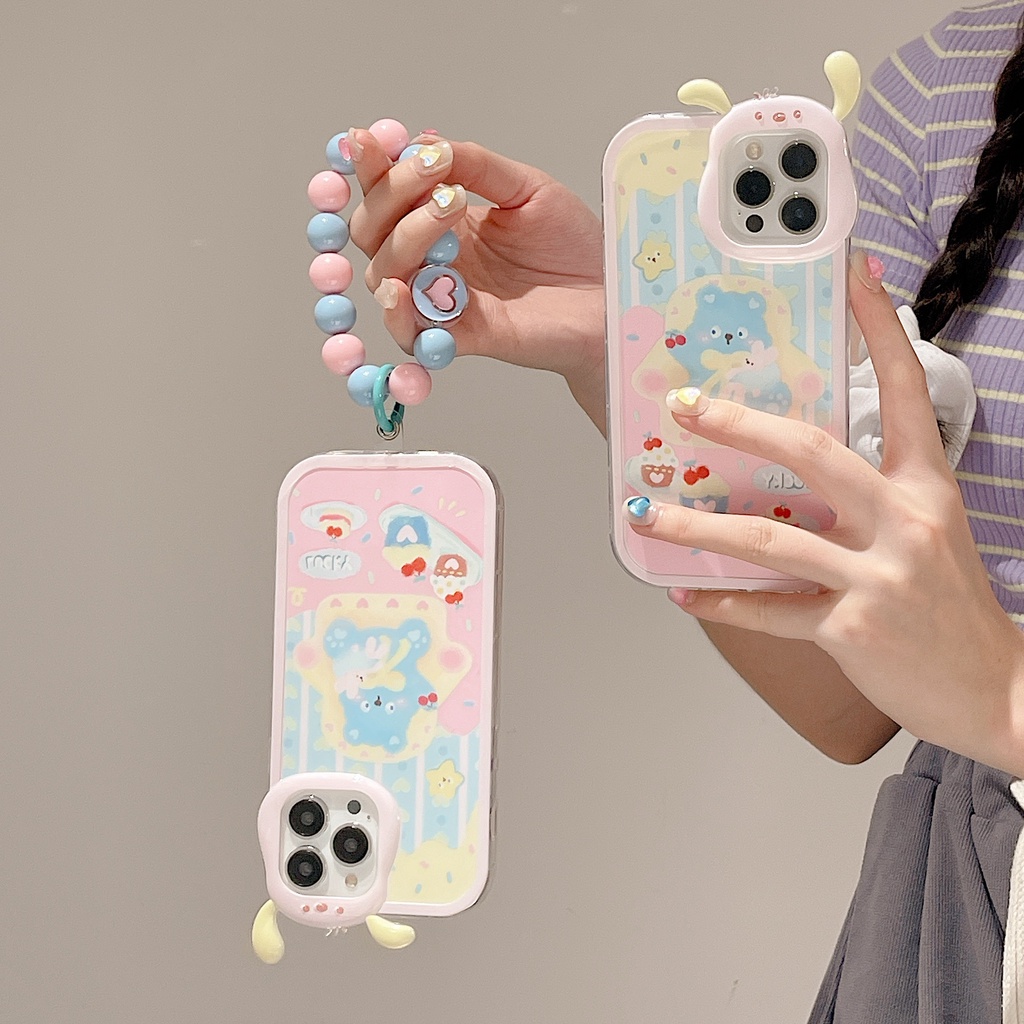 Ốp Điện Thoại TPU Silicon Mềm Chống Rơi Hình Gấu / Bánh Kem 3D Có Dây Đeo Ngọc Trai Cho iphone 13 12 11 Pro XS Max XR