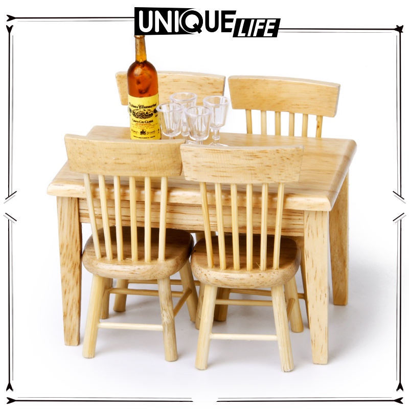 Bộ Bàn Ghế Gỗ Mini 1: 12 + 4 Ghế Màu Trắng Trang Trí Nhà Búp Bê