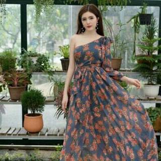 Đầm Maxi Hoa Xanh Lệch Vai