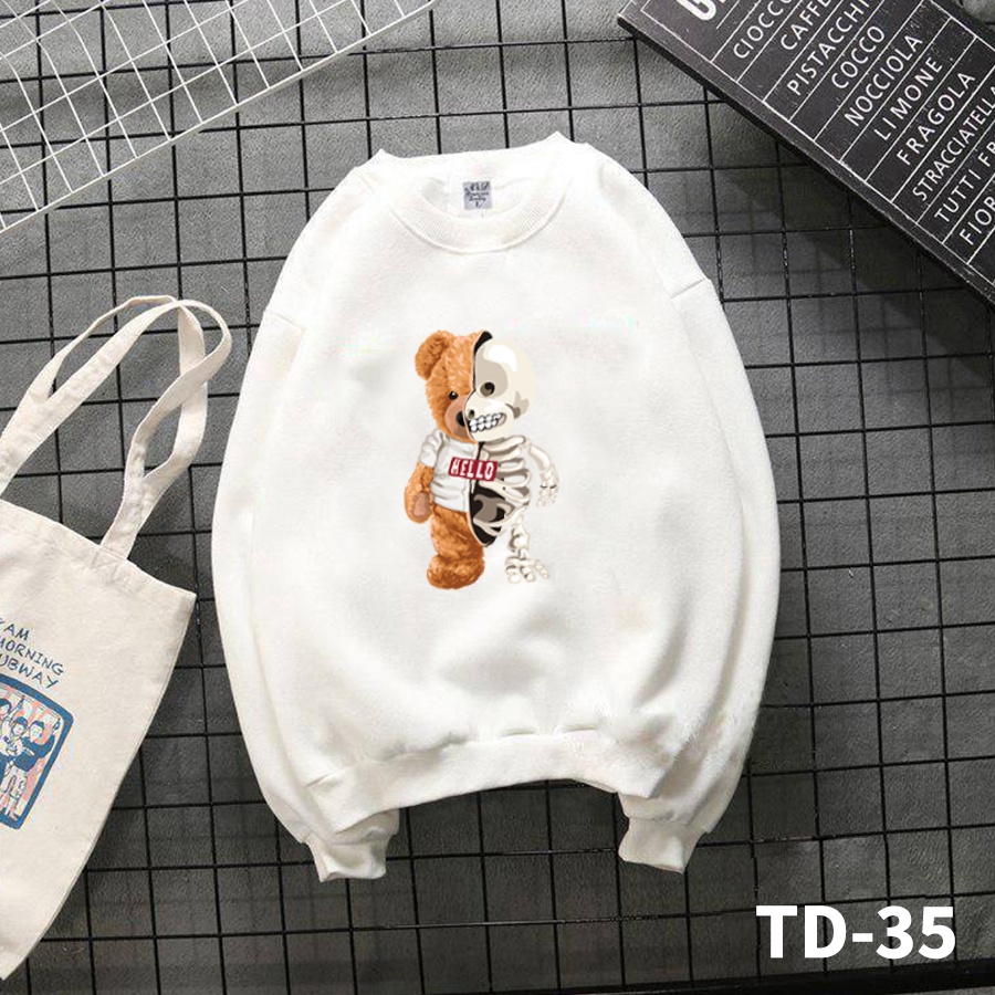 Áo sweater GẤU BỘ XƯƠNG form rộng nam nữ, áo tay dài nỉ bông in họa tiết unisex dày mềm mịn - Tí Chuột Studio