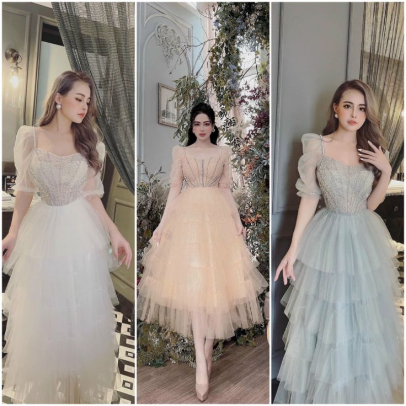 Đầm váy công chúa dự tiệc xòe nhiều tầng, tay phồng bo chun, cổ tim kết hạt thủ công sắc xảo