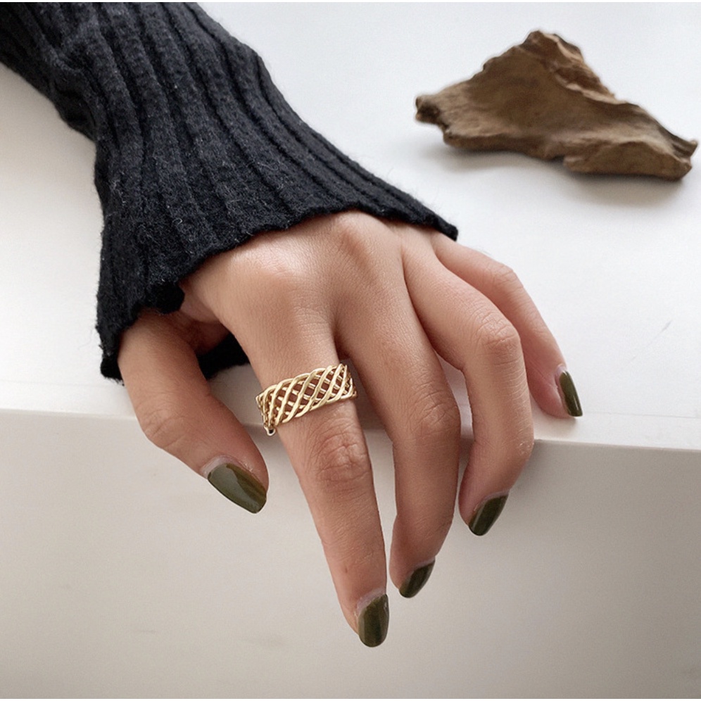 Nhẫn nữ hở tuỳ chỉnh size mạ vàng bản ngang lưới dày phong cách Âu Mỹ cá tính Boho