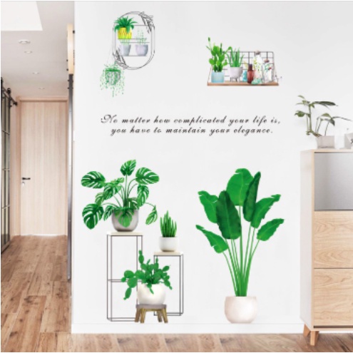 Decal giấy dán tường mẫu Chậu Cây xanh đậm tươi màu