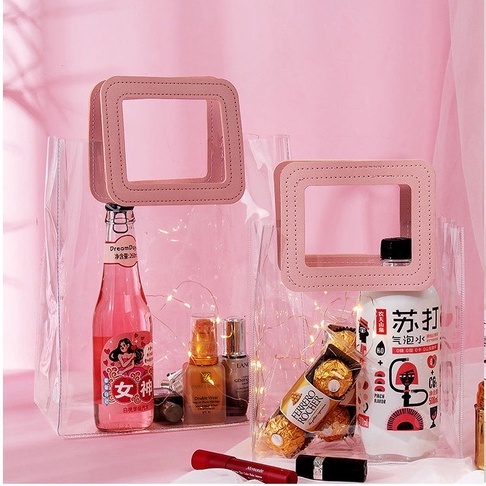 [Quai Hồng - Nhựa Siêu Dày] Túi Nhựa Trong Suốt Dé Store Có Quai Cầm Bằng Da Phong Cách Hàn Quốc