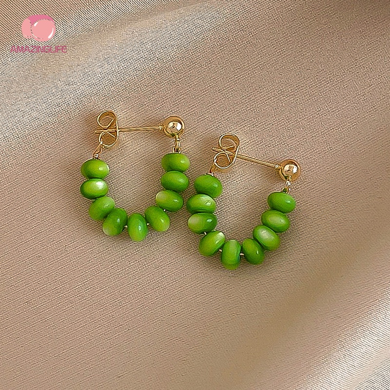 [Amazinglife] Khuyên Tai Xỏ Hạt Opal Xanh Lá Cây Hình Học / Bông Hoa Đơn Giản Cá Tính Thời Trang
