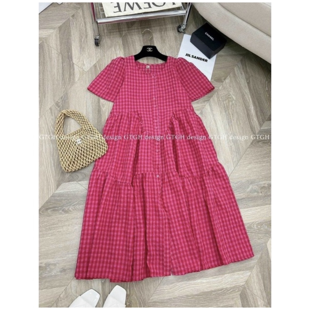 Váy Bầu Đẹp.Đầm Bầu Chất Đũi Caro Tay Ngắn Dáng Suông Xòe, Thiết Kế Cổ Tròn Freesize(45-70kg) A081 Lin Store66