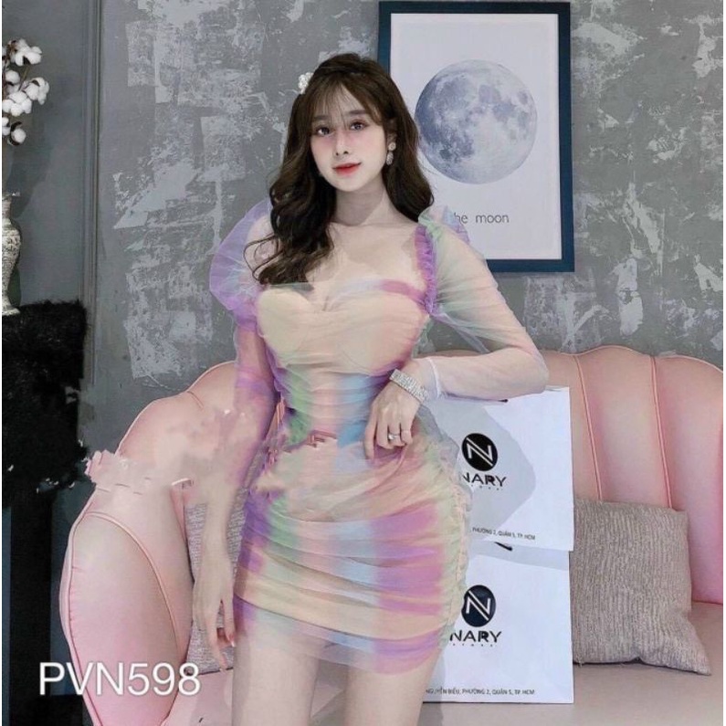 Đầm Body Lưới Cầu Vồng Tay Dài Bồng Size XS dưới 42kg