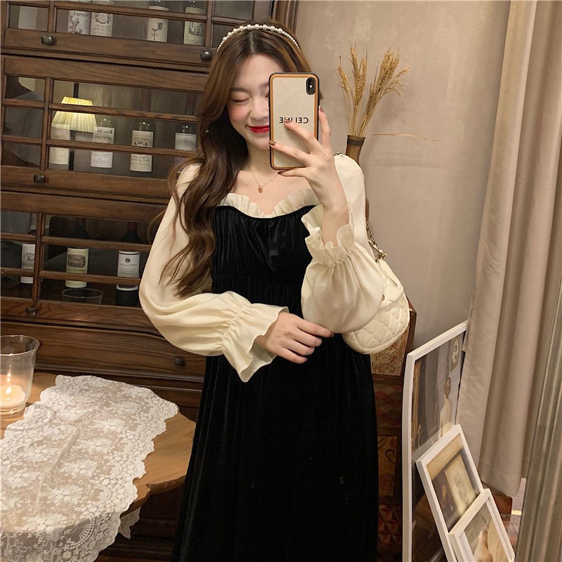 ☃✾Velvet 2020 mùa đông mới phiên bản hàn quốc tai gỗ và nhận eo tay loe trung váy chữ A nữ [vận chuyển trong vòng