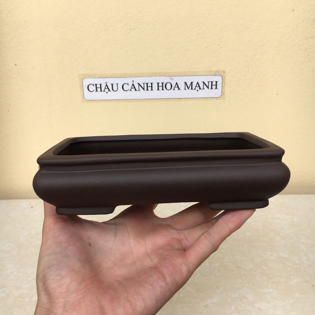 Chậu Chữ nhật bẻ cổ bonsai sen đá mini đất nung màu đen gốm Bát tràng 1 size SP438
